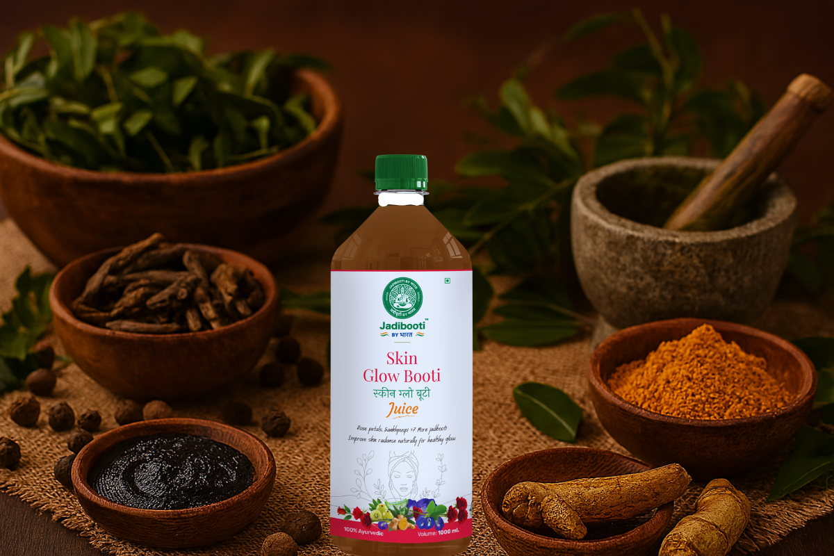 Ayurvedic skincare ingredients including neem leaves, giloy roots, turmeric powder, and herbal paste arranged on a burlap surface with a stone mortar and pestle for natural skin detox and glow